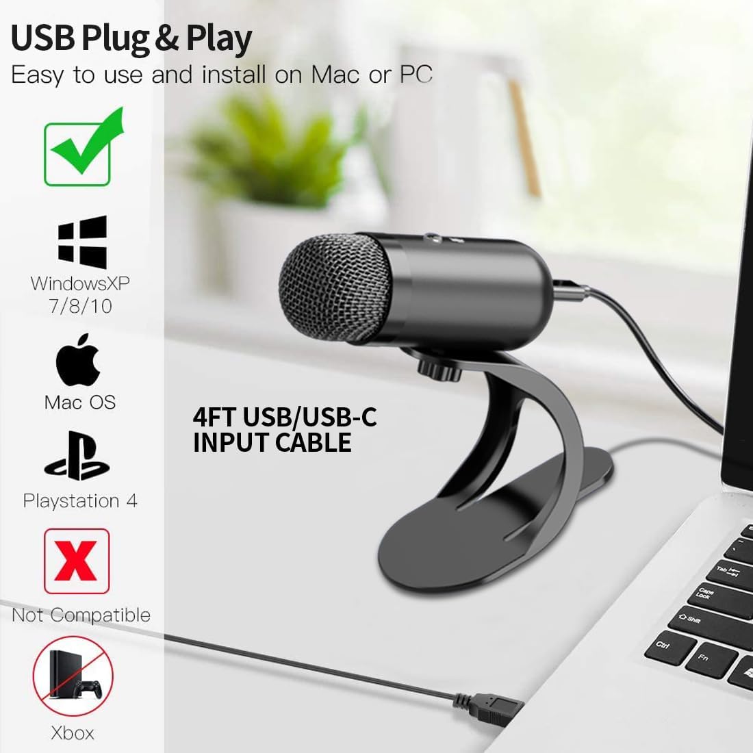 Gaming Microphone - プロ仕様USBコンデンサーマイク、会議用マイク、デスクトッププラグアンドプレイゲーミングマイク、YouTubeストリーミング、ポッドキャスティング用