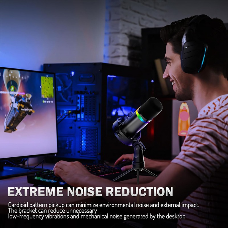Gaming Microphone - USB ゲーミングマイク ブームアームスタンド付き ノイズキャンセリングコンデンサー RGB マイク